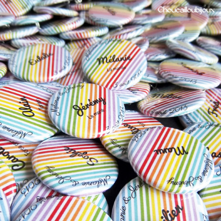 Mariage "Multicolore", badges personnalisés de Mélanie & Jérémie