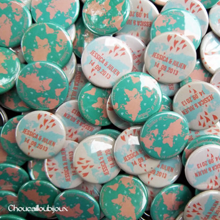 Mariage "Voyage Pastel", badges personnalisés de Jessica & Julien