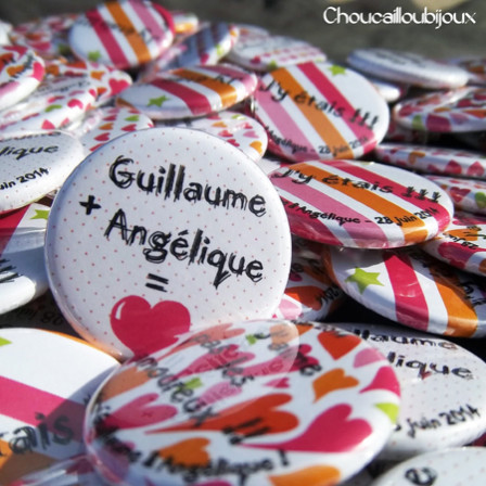 Mariage "Vert, Orange, Rose", badges personnalisés de Guillaume & Angélique
