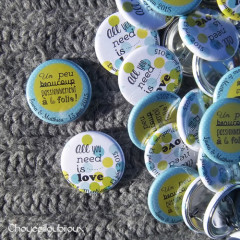 Mariage "Pois Vert Pomme et Bleu Turquoise", badges personnalisés de Laura & Mathieu