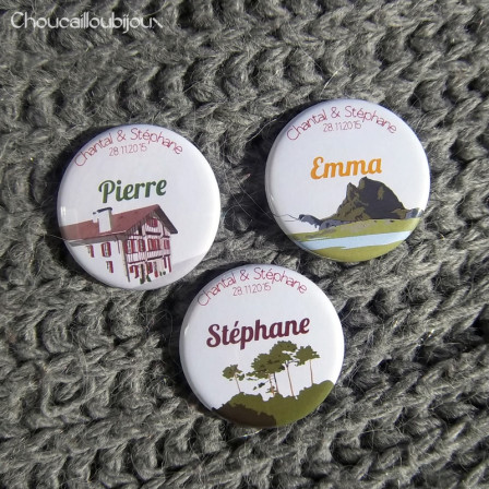 Mariage « Sud-Ouest », badges personnalisés de Chantal & Stéphane