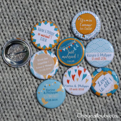 Mariage "Orange & Turquoise", badges personnalisés de Karine & Philippe