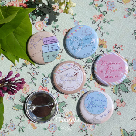 Mariage « Voyage Pastel Vintage », badges personnalisés de Marine & Benoît