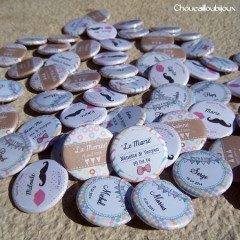 Mariage "Craft & Pastel", badges personnalisés de Nénette & YenYen