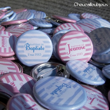 Badges Personnalisés Baptême Baptiste & Jeanne - Rayures Bleu-Blanc-Rose