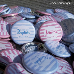 Badges Personnalisés Baptême Baptiste & Jeanne - Rayures Bleu-Blanc-Rose