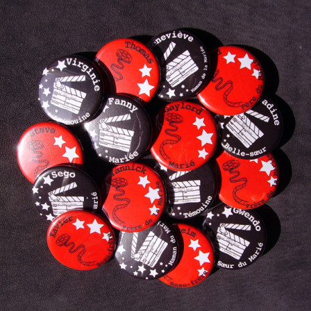 Mariage "Cinéma !", badges personnalisés de Fanny & Gaylord