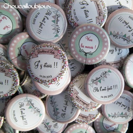 Mariage "Retro & Menthe à l'eau", badges personnalisés de Géraldine & Ludo