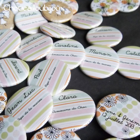 Mariage "Pois & Rayures Pastels", badges personnalisés de Marine & Jérémie