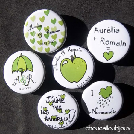 Mariage "Vert Pop !", badges personnalisés de Aurélia & Romain